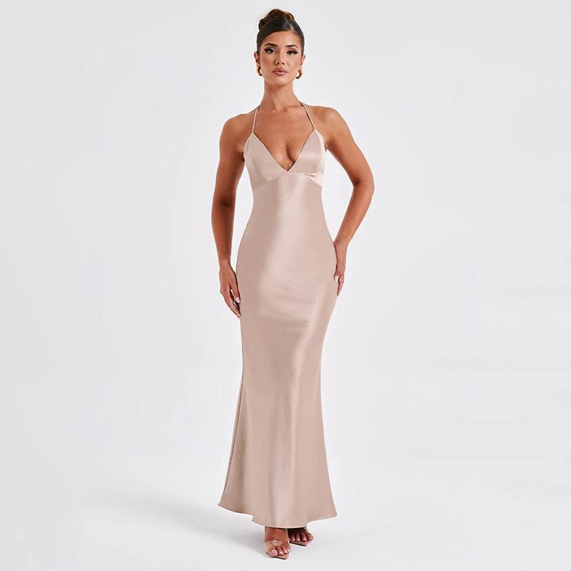 Womens Dresses And Skirts | V-neck dress in silk satin Ocre